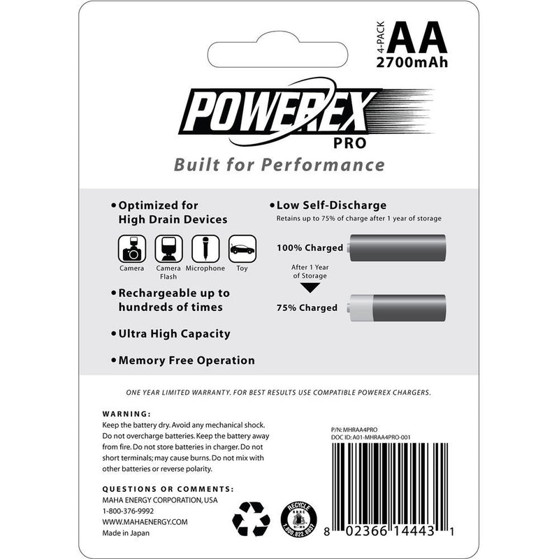 Powerex Pro Rechargeable AA NiMH Batteries (1.2V, 2700mAh, 4-Pack)