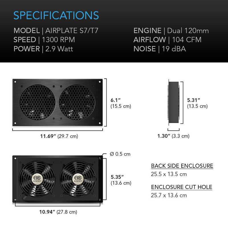 AC Infinity AIRPLATE T7 A/V Cabinet Dual-Fan Cooling System