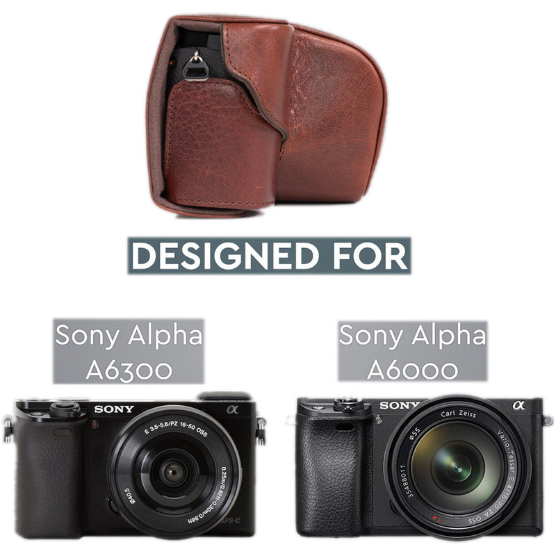 MegaGear Ever Ready Leather Camera Case for Sony a6000/a6300 with 16-50mm (Dark Brown)
