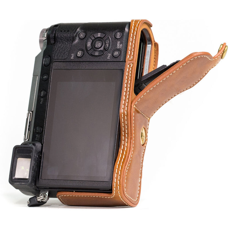 MegaGear Ever Ready Leather Half-Bottom Camera Case for Panasonic LUMIX GX85 (Light Brown)