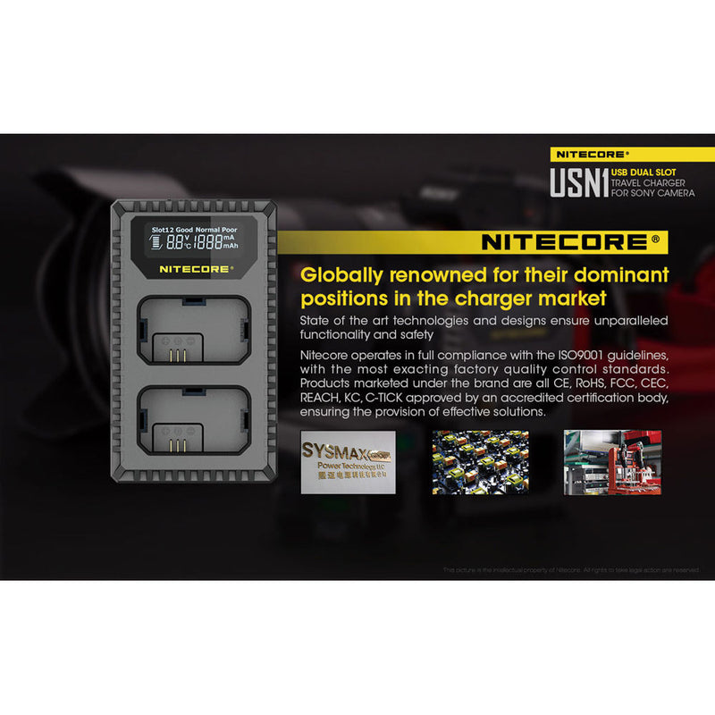 NITECORE USN1 Dual-Slot USB Travel Charger for Sony NP-FW50 Lithium-Ion Batteries