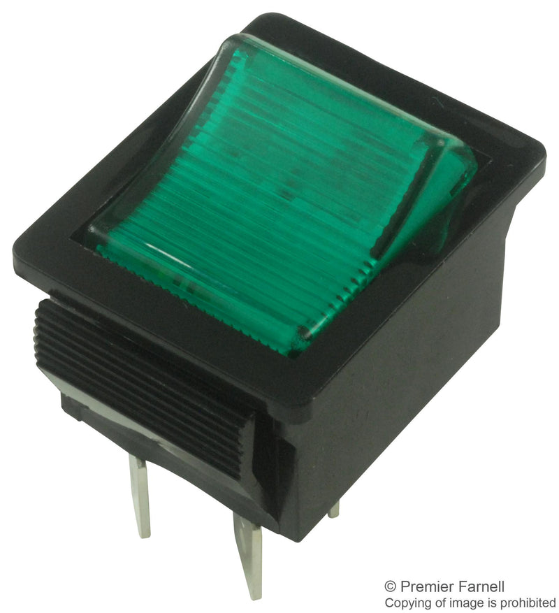 ARCOLECTRIC C1553VQNAL Rocker Switch, Illuminated, DPST, Off-On, Green, Panel, 16 A