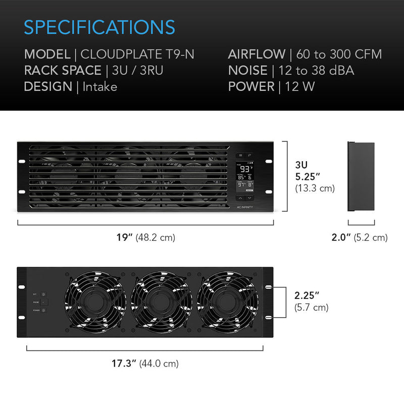 AC Infinity CLOUDPLATE T9-N PRO Quiet Rack Cooling Fan System (3 RU, Intake)