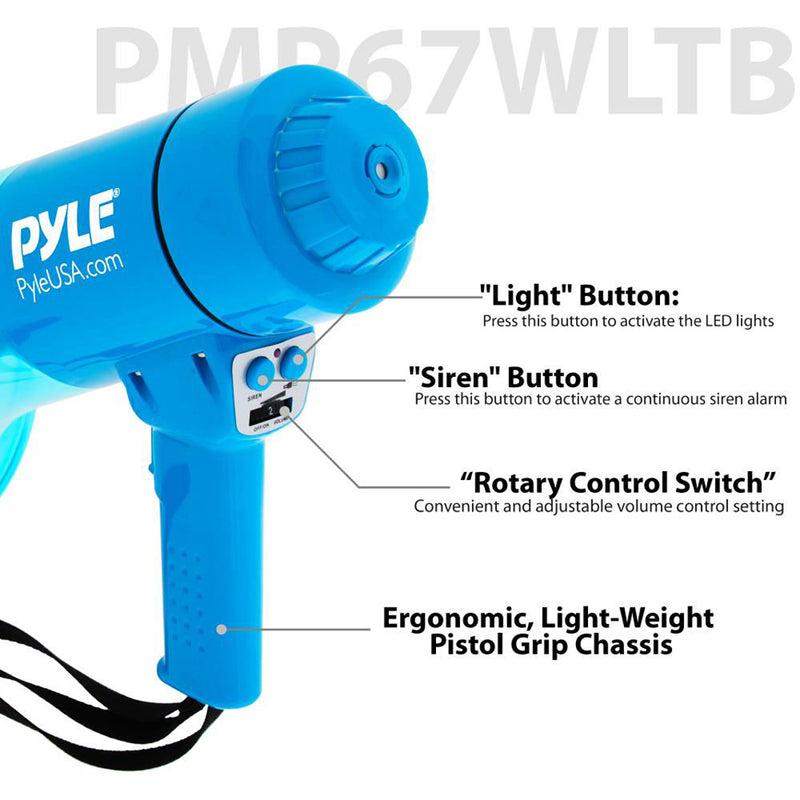 Pyle Pro PMP67WLTB 40W Waterproof Megaphone with Siren, LED Lights, and Rechargeable Battery (Blue)