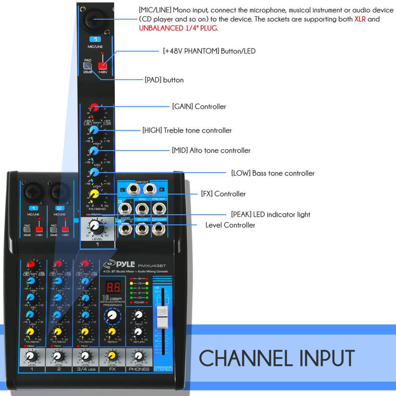 Pyle Pro PMXU43BT Compact 4-Channel, Bluetooth-Enabled Audio Mixer