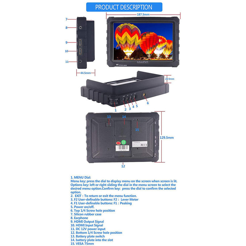Lilliput A7S Full HD 7" Camera-Top 4K Cam-Assist Monitor with 4K with 1920x1200 Native Resolution