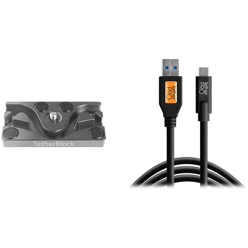 Tether Tools TetherPro USB Cable with TetherBLOCK Mounting Plate Kit (USB Type-C Male to USB 3.0 Type-A Male, Black)