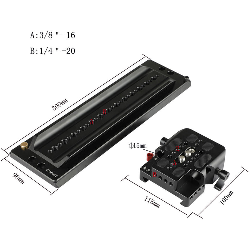 CAMVATE 12" Dovetail Bridge Plate and QR Baseplate with Double Rod Adapter