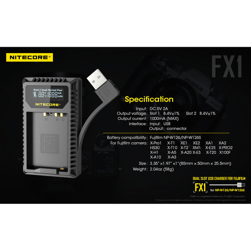 Nitecore FX1 Dual-Slot USB Travel Charger for FUJIFILM NP-W126 & NP-W126S Batteries