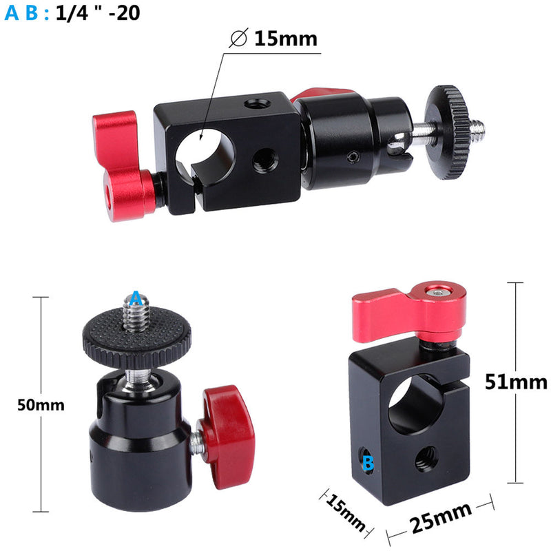 CAMVATE 15mm Rod Clamp With Mini Ball Head Mount (Red Lever)