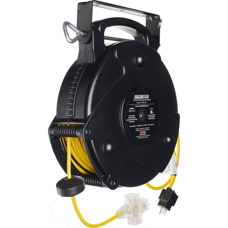 Stage Ninja 14-AWG 3-Outlet Retractable Power Reel with LED Power Indicator and Circuit Breaker (Yellow Cord, Black Thermoplastic Housing, 75')