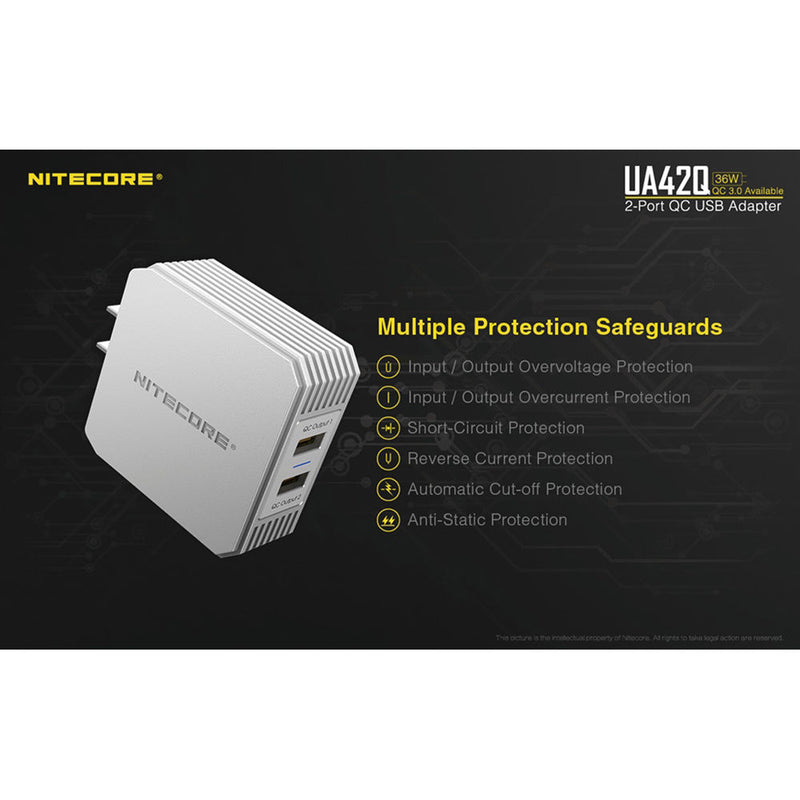 Nitecore UA42Q 36W Dual-Port USB Wall Charger with Quick Charge 3.0