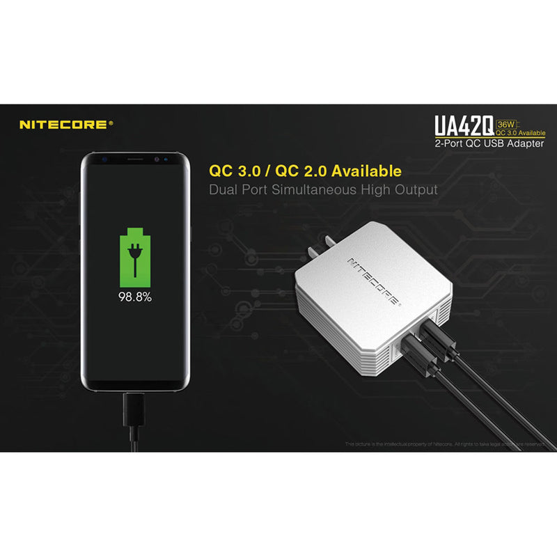 Nitecore UA42Q 36W Dual-Port USB Wall Charger with Quick Charge 3.0