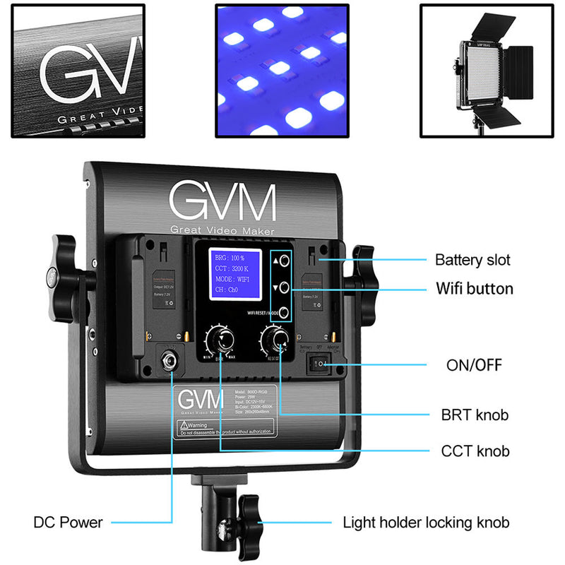 GVM 800D-RGB LED Studio 3-Video Light Kit