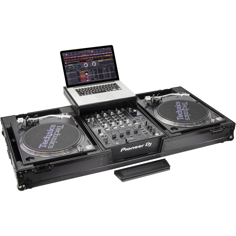 Odyssey Black Low-Profile DJ Coffin with 12" Mixer and Two Turntables, Wheels, and Glide Platform