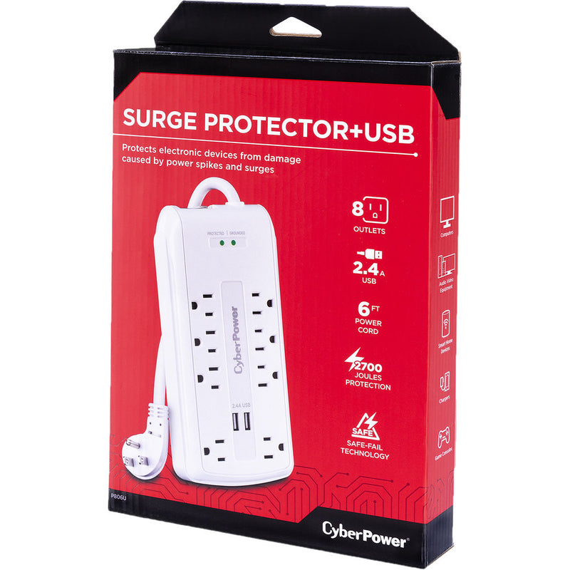 CyberPower P806U 8-Outlet Home Office Surge Protector (White)