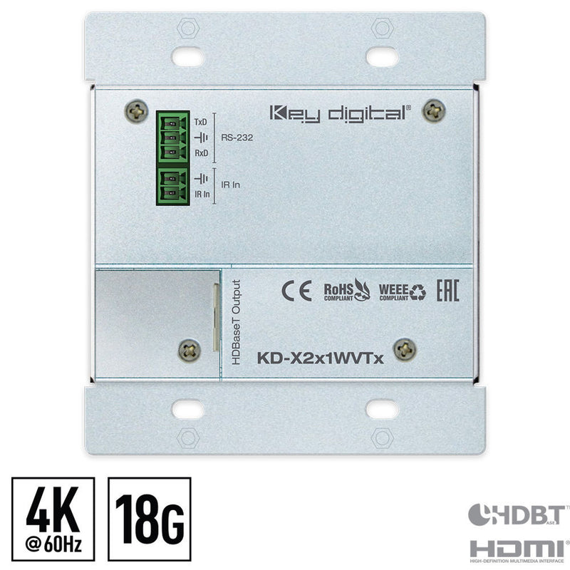 Key Digital 2x1 4K/18G HDBT PoH Wall Plate Switcher with HDMI & VGA, IR, RS-232 (Transmitter Only)