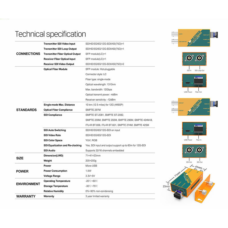 AV Matrix 12G-SDI Fiber Optic Extender Transmitter/Receiver Set