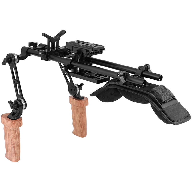CAMVATE Pro Shoulder Support Rig with Manfrotto-Style Plate, Wood Handgrips & Lens Support