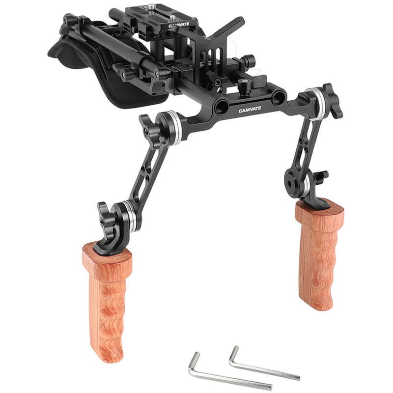 CAMVATE Pro Shoulder Support Rig with Manfrotto-Style Plate, Wood Handgrips & Lens Support