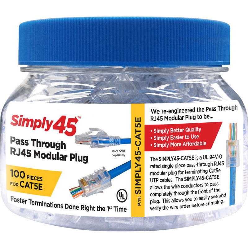 Simply45 Cat 5e UTP Unshielded RJ45 Pass-Through Modular Plug (100-Piece Jar)