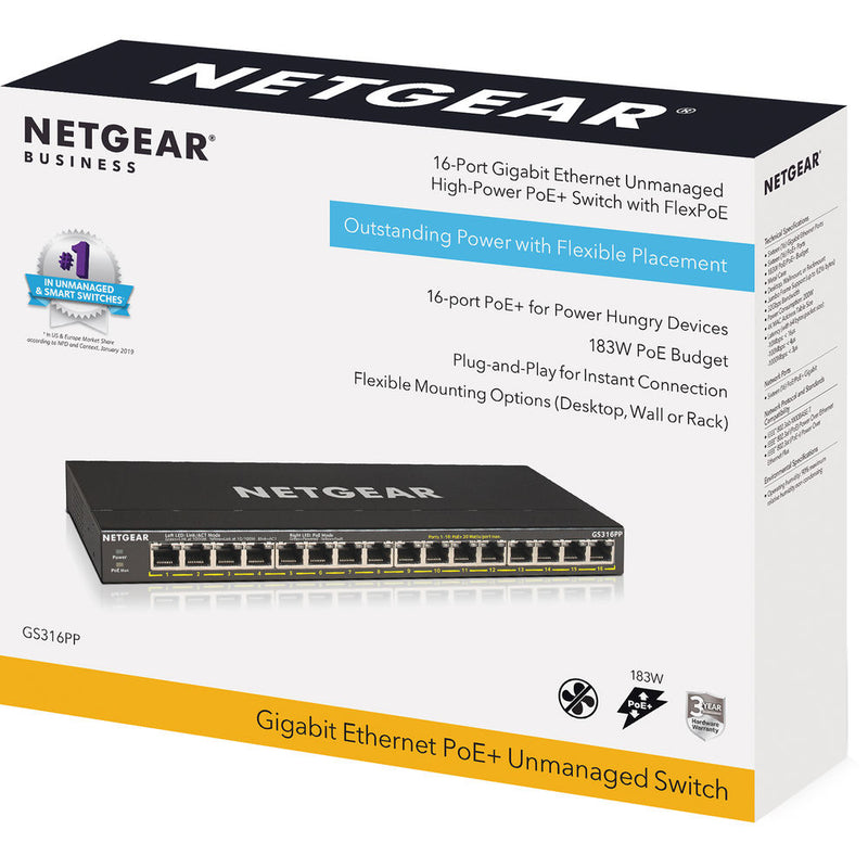 Netgear GS316PP 16-Port Gigabit PoE-Compliant Unmanaged Switch