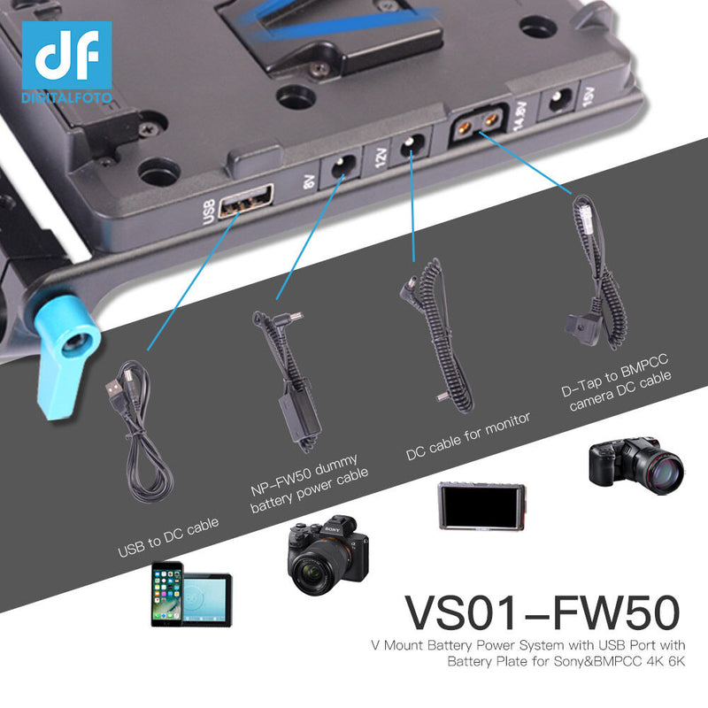 DigitalFoto Solution Limited V-Mount Battery Plate with 15mm Rod Mount, L-Series Dummy Battery & 3 Cables
