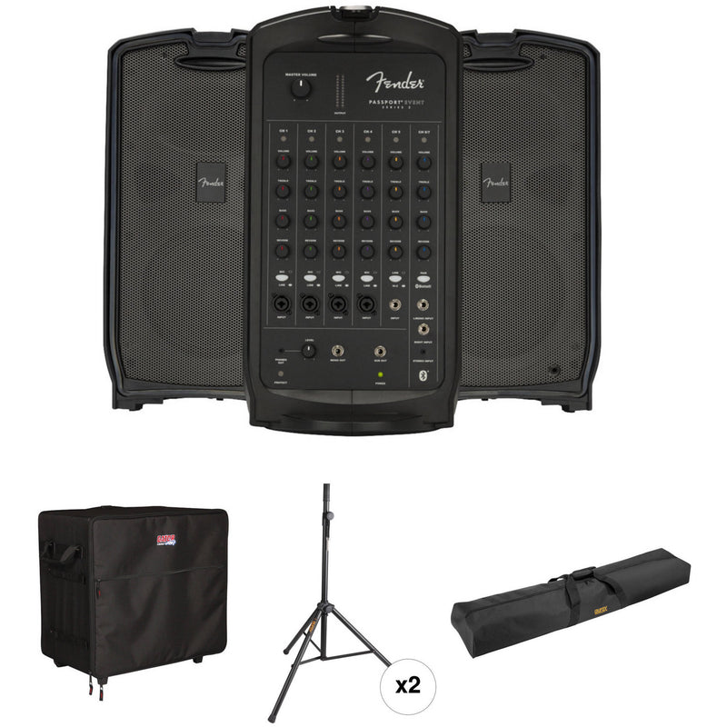 Fender Passport Event Series Portable Powered PA Kit with Travel Case, Speaker Stands, and Bag