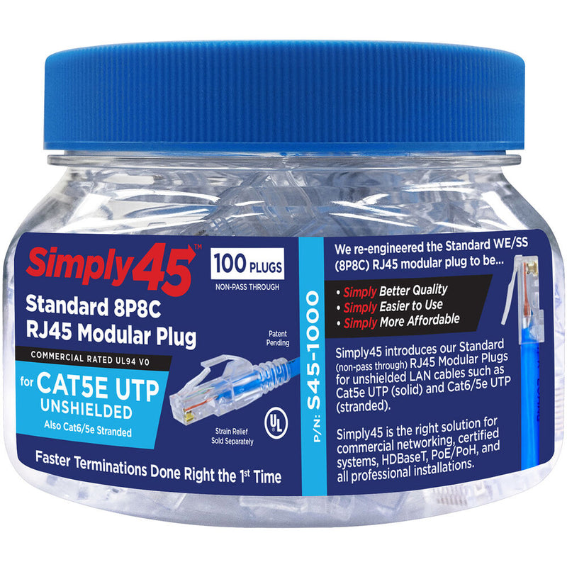 Simply45 Cat 5e UTP Unshielded RJ45 Standard Modular Plug (100-Piece Jar)