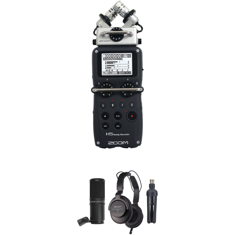 Zoom H5 4-Person Podcast Mic Kit with Handy Recorder, Mics, Headphones & Stands