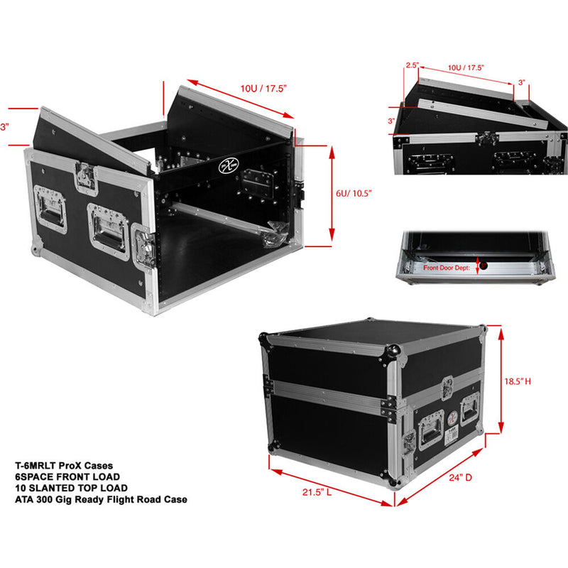 ProX 6U Vertcal Rack x 10U Top Mixer DJ Combo Flight Case with Laptop Shelf