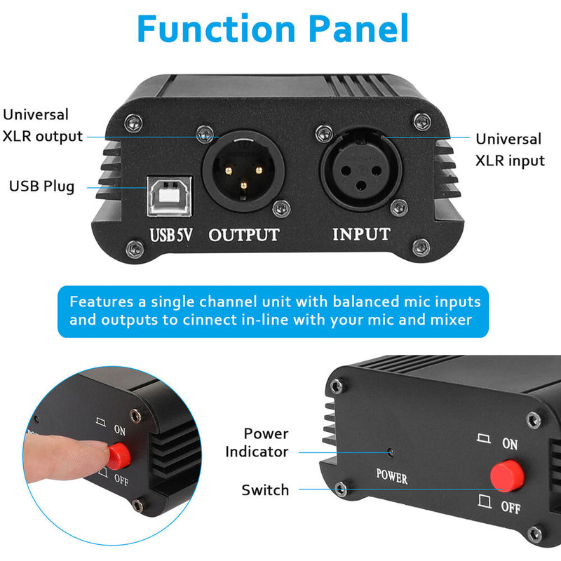 CAMVATE 48V Phantom Power Supply with USB Cable Adapter and XLR Cable