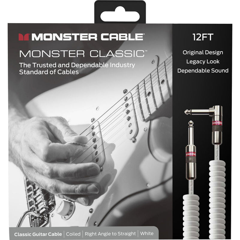 Monster Cable Prolink Classic Series Right-Angle 1/4" Male to Straight 1/4" Male Coiled Instrument Cable (White, 12')