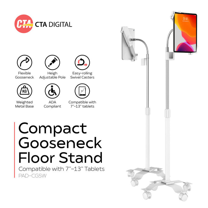 CTA Digital Compact Gooseneck Floor Stand for 7-13" Tablets (White)