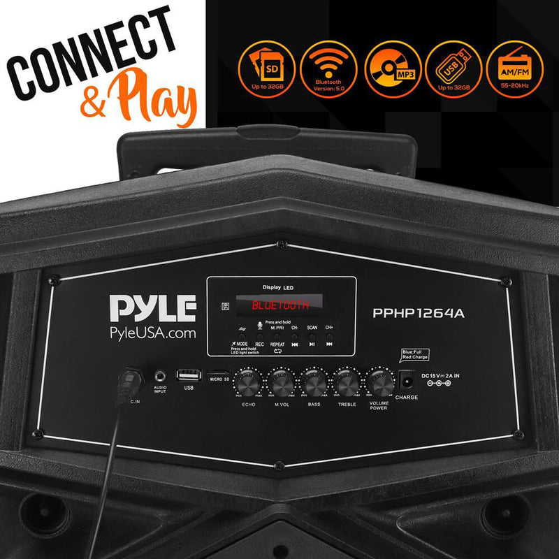 Pyle Pro PPHP1264A 12" 2-Way 1000W Portable Bluetooth PA Speaker with Light Show