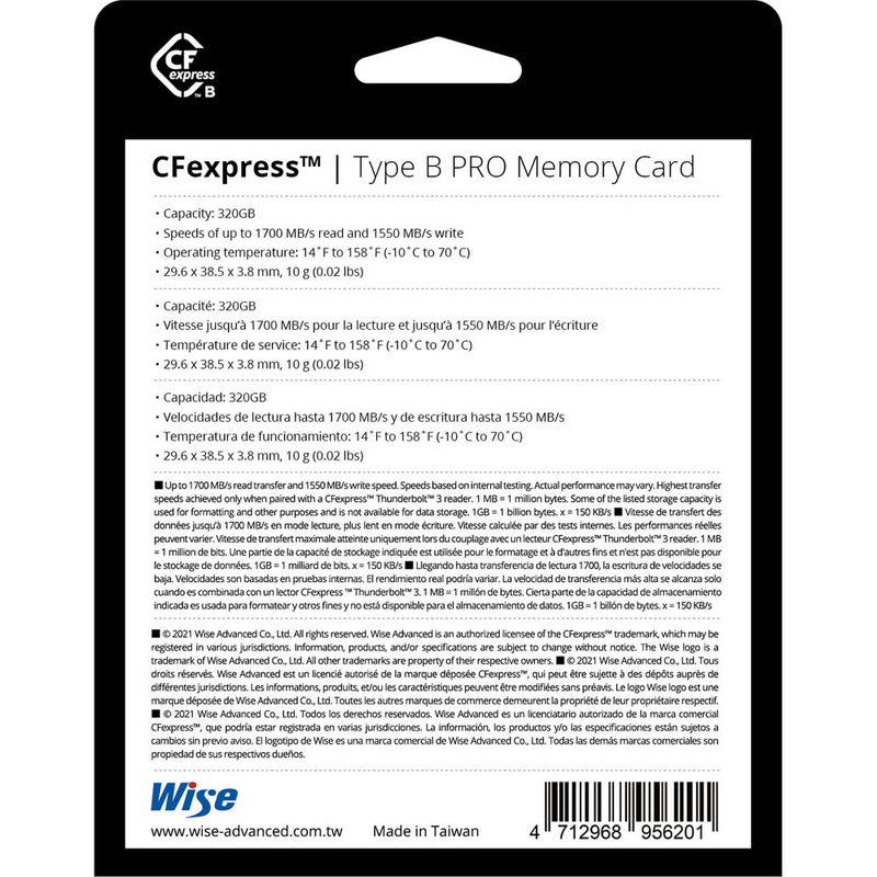 Wise Advanced 320GB CFX-B Series CFexpress Type B Memory Card