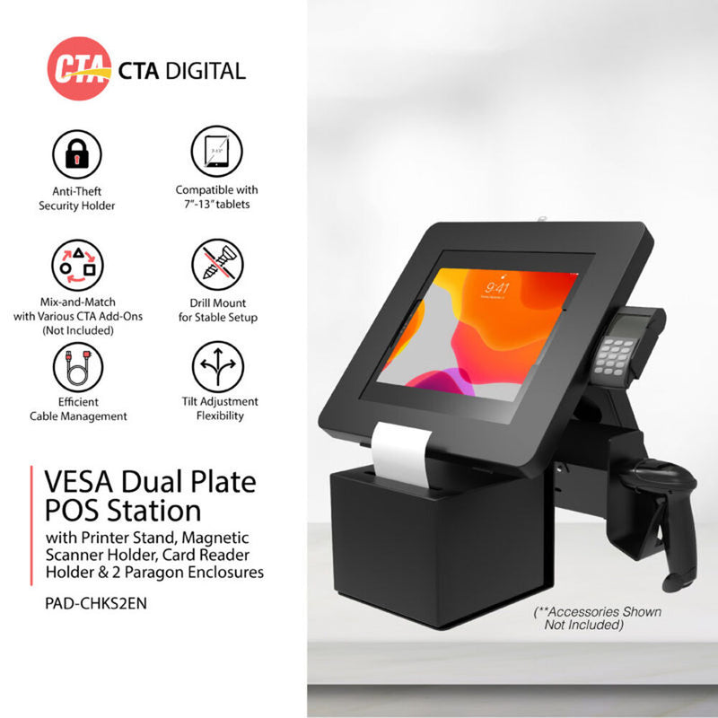 CTA Digital Vesa 2Plate POS Station,PrintStand,Magnetic Scanner and Card Reader Holders,2Paragon Encolsures