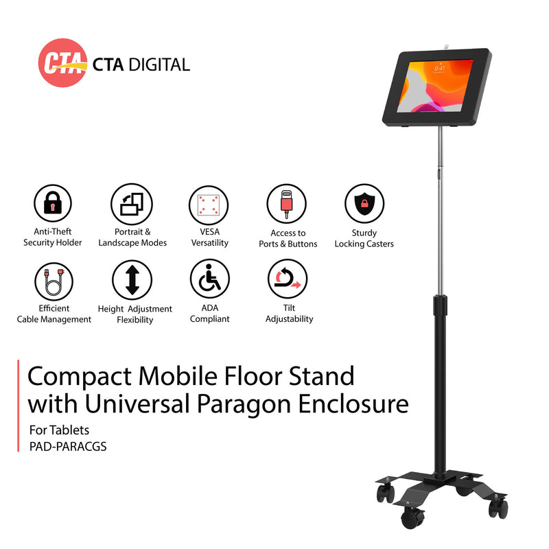 CTA Digital Compact Mobile Floor Stand with Universal Security Enclosure (Black)