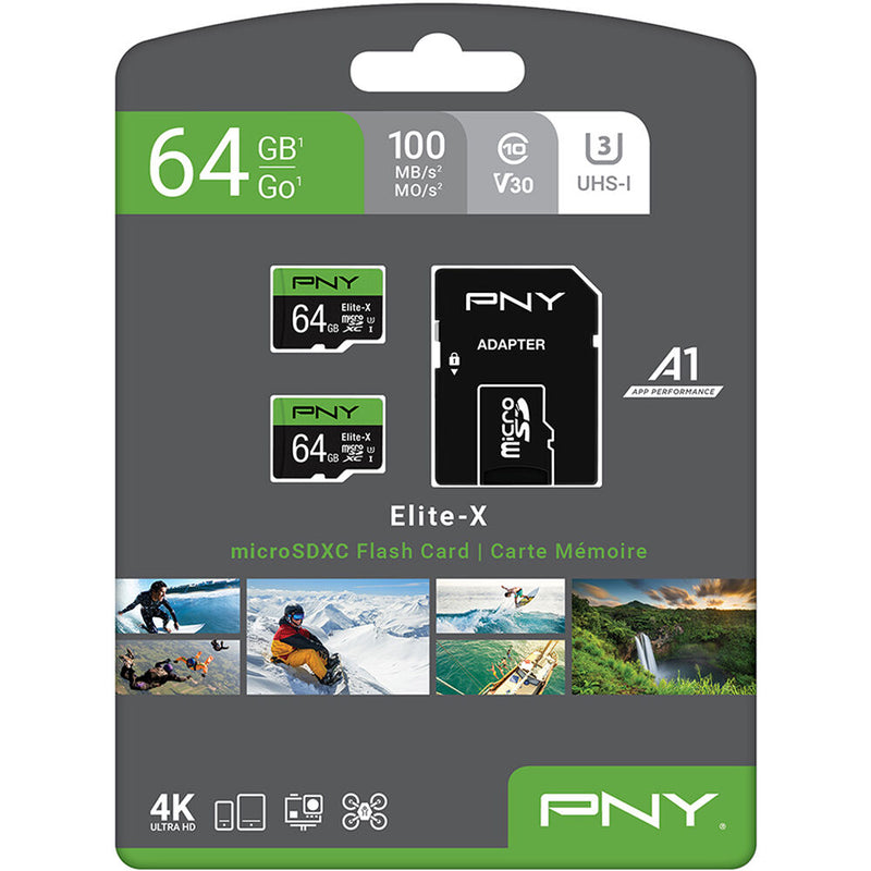 PNY 64GB Elite-X UHS-I microSDXC Memory Card with SD Adapter (2-Pack)