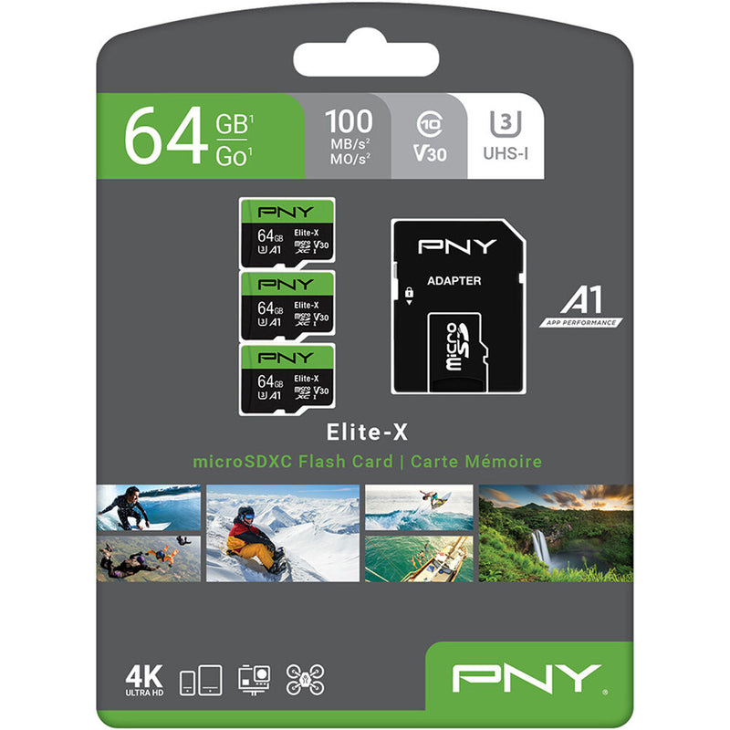 PNY 64GB Elite-X UHS-I microSDXC Memory Card with SD Adapter (3-Pack)