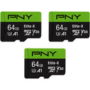 PNY 64GB Elite-X UHS-I microSDXC Memory Card with SD Adapter (3-Pack)