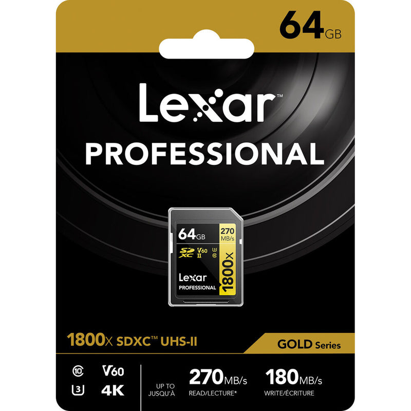 Lexar 64GB Professional 1800x UHS-II SDXC Memory Card (GOLD Series)