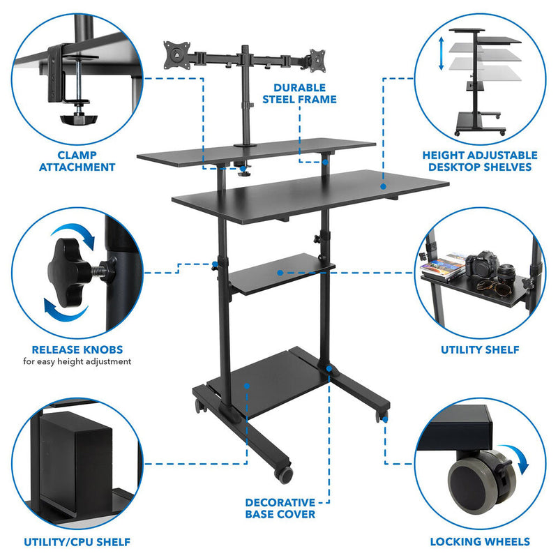 Mount-It! Height-Adjustable Rolling Standing Desk with Dual Monitor Mounts (Black)