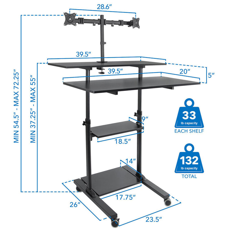 Mount-It! Height-Adjustable Rolling Standing Desk with Dual Monitor Mounts (Black)