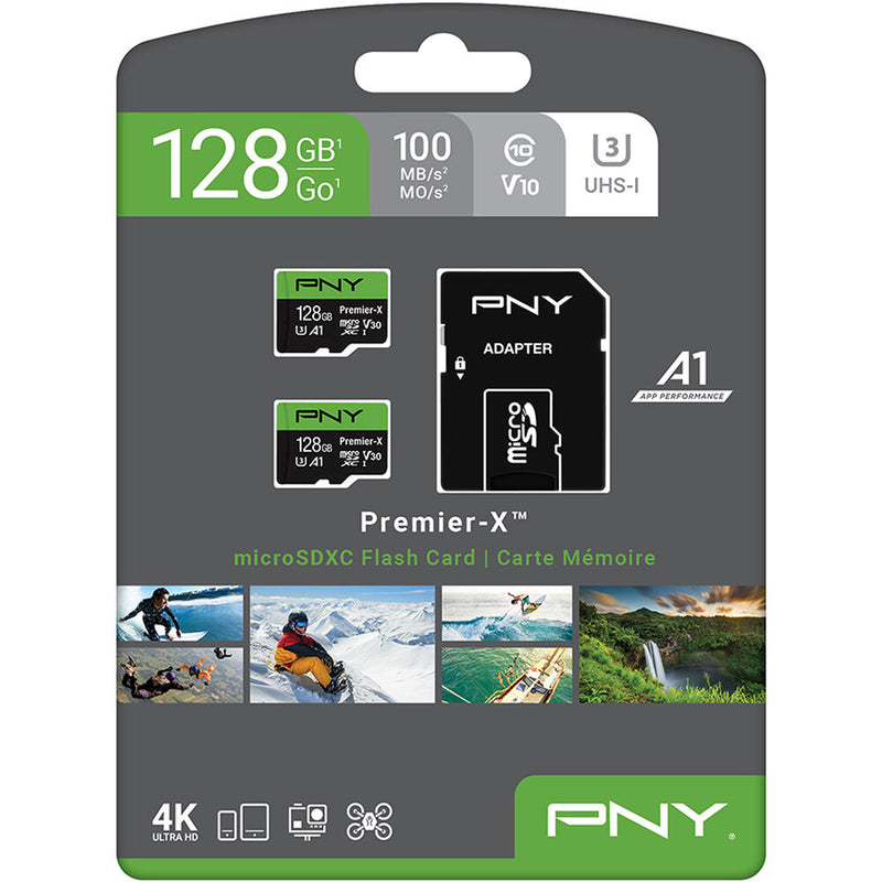 PNY 128GB Premier-X UHS-I microSDXC Memory Card with SD Adapter (2-Pack)