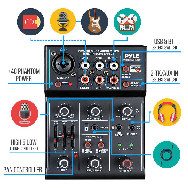 Pyle Pro 3-Channel Bluetooth Mini DJ Mixer and USB Audio Interface