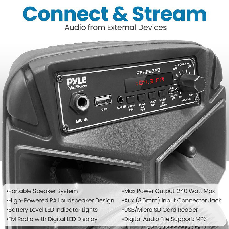 Pyle Pro PPHP634B 6.5" 240W 2-Way Portable Bluetooth PA Speaker with Flashing Party Lights