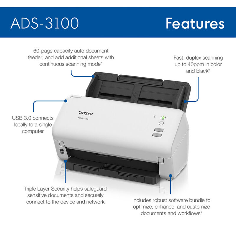 Brother ADS-3100 High-Speed Desktop Color Scanner for Home & Small Offices