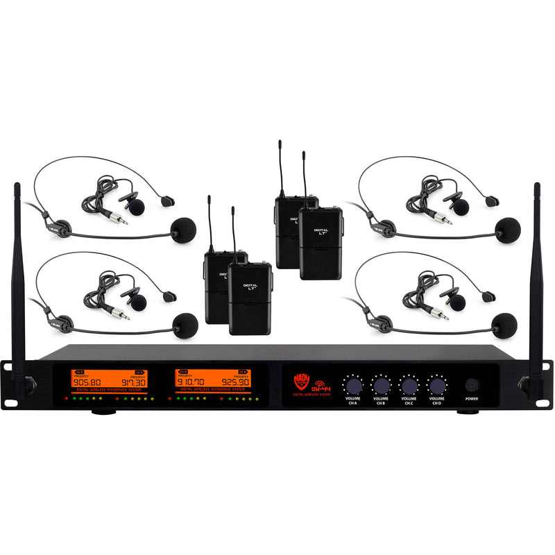 Nady DW-44-LT-HM Four-Channel UHF Wireless Microphone System with Four Lavalier Mics & Four HM-3 Headsets (Black, B1: 905.8 to 925.9 MHz)