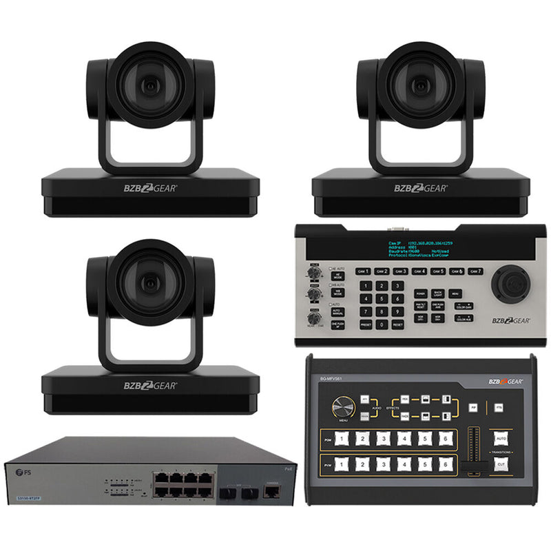 BZBGear 3 x 12x PTZ Camera Broadcast Kit with 6-Channel Mixer, 8-Port Switch & Controller (Black)